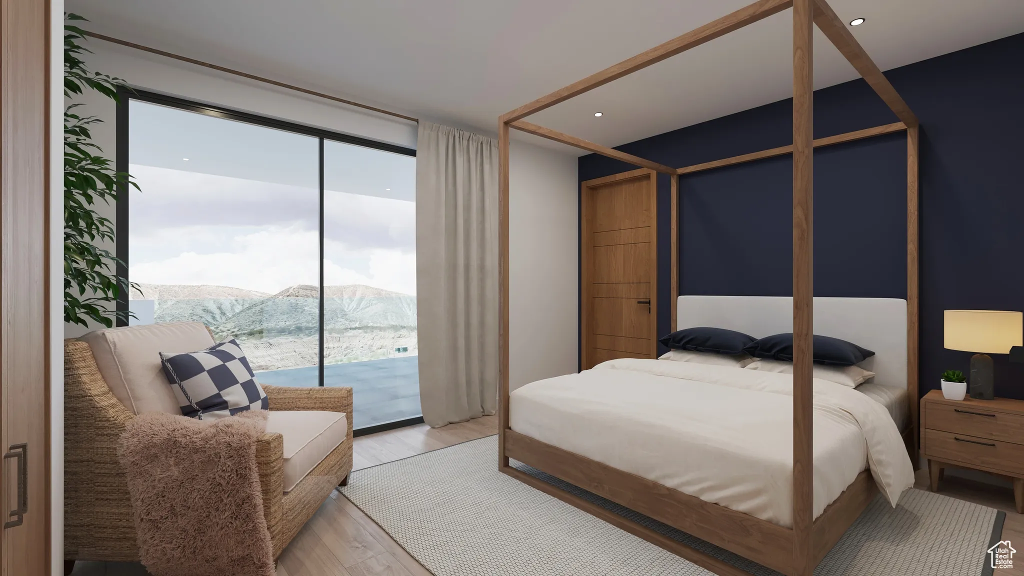 Bedroom with access to outside, a mountain view, wood finished floors, and expansive windows