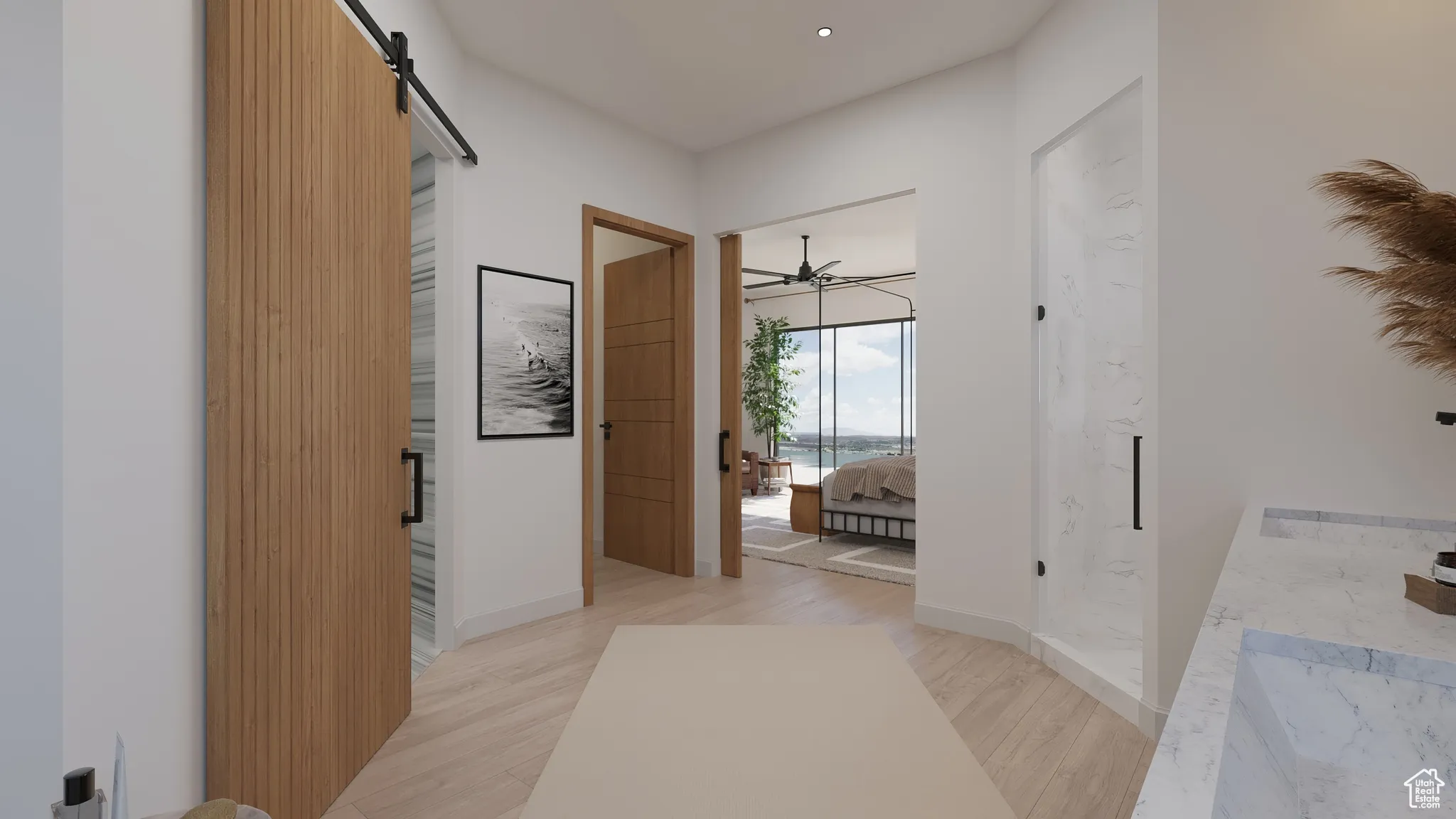 Hallway with light wood-style flooring and a barn door
