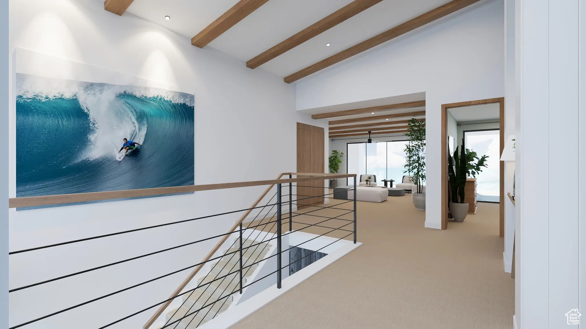Hall featuring beamed ceiling, carpet flooring, a high ceiling, and an upstairs landing