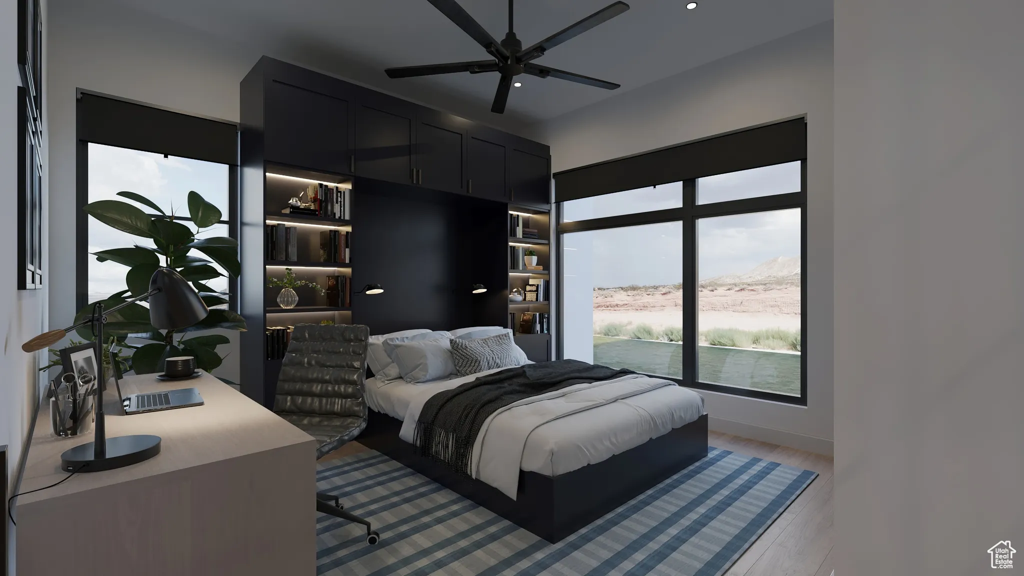 Bedroom with light wood-style flooring, a desk, and recessed lighting