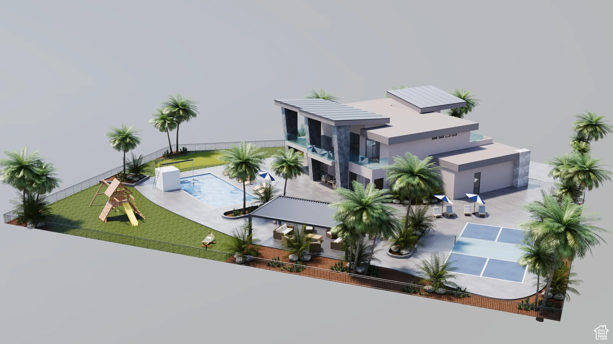 Aerial view of property and surrounding area featuring a pool area