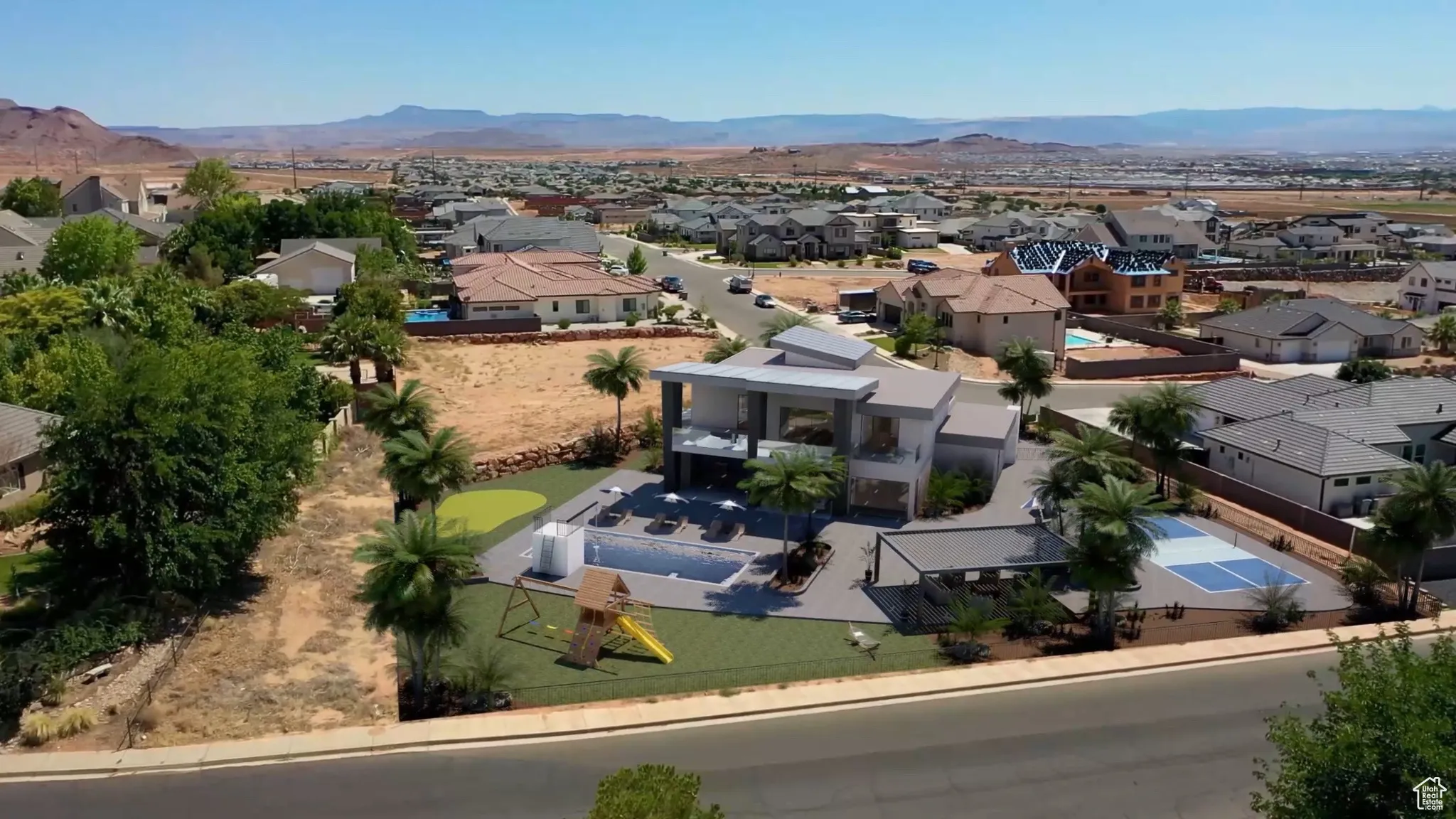 Aerial perspective of suburban area featuring mountains