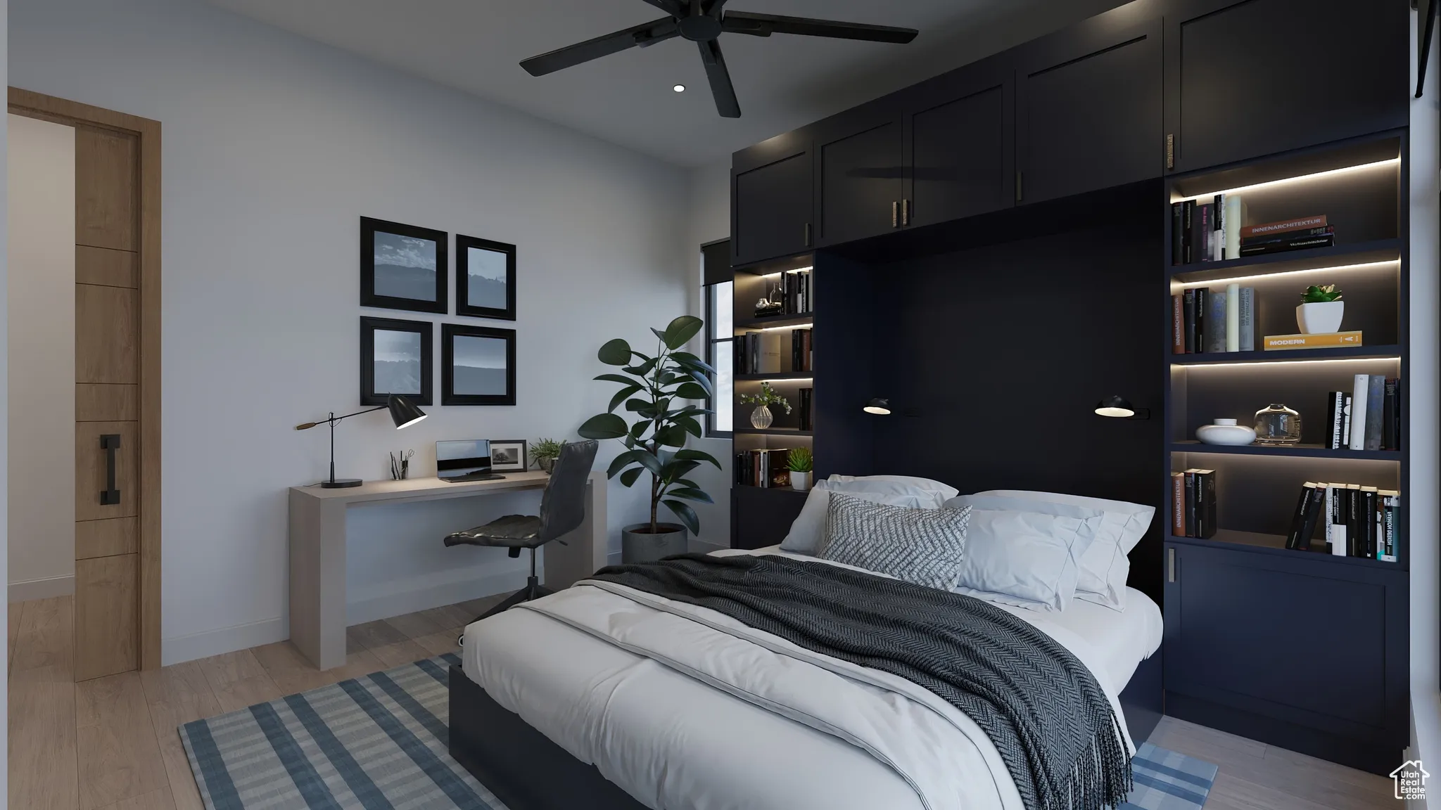 Bedroom with light wood-style flooring, recessed lighting, built in study area, and a ceiling fan