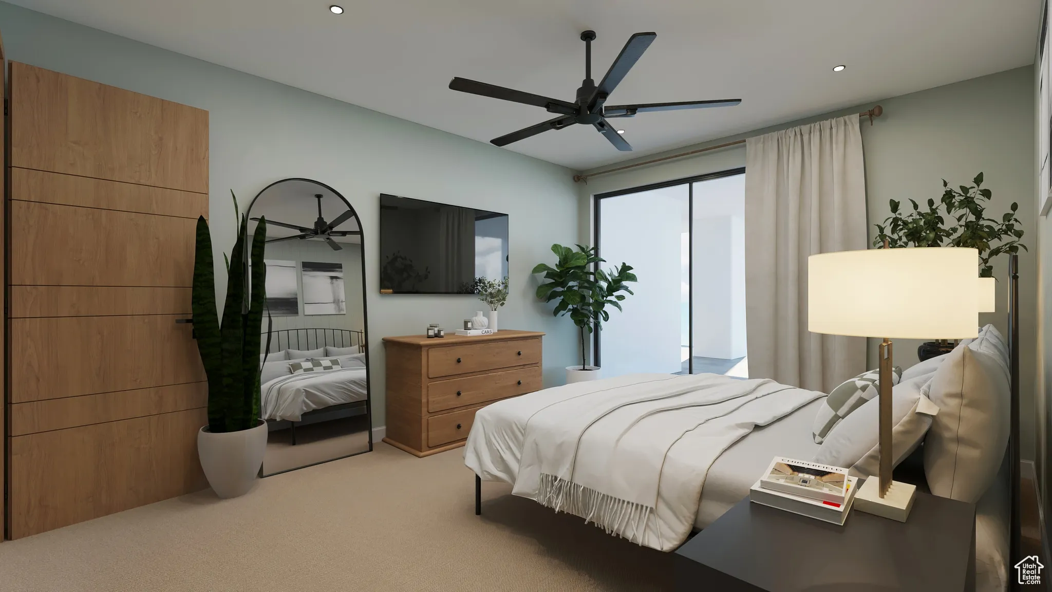 Bedroom with light carpet, a ceiling fan, and recessed lighting