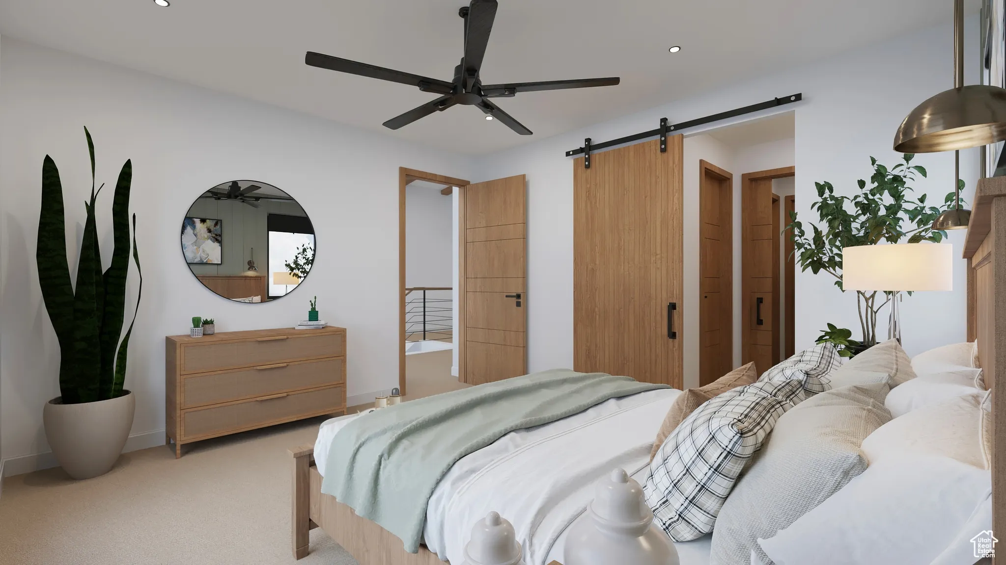 Bedroom featuring a barn door, light colored carpet, recessed lighting, and a ceiling fan