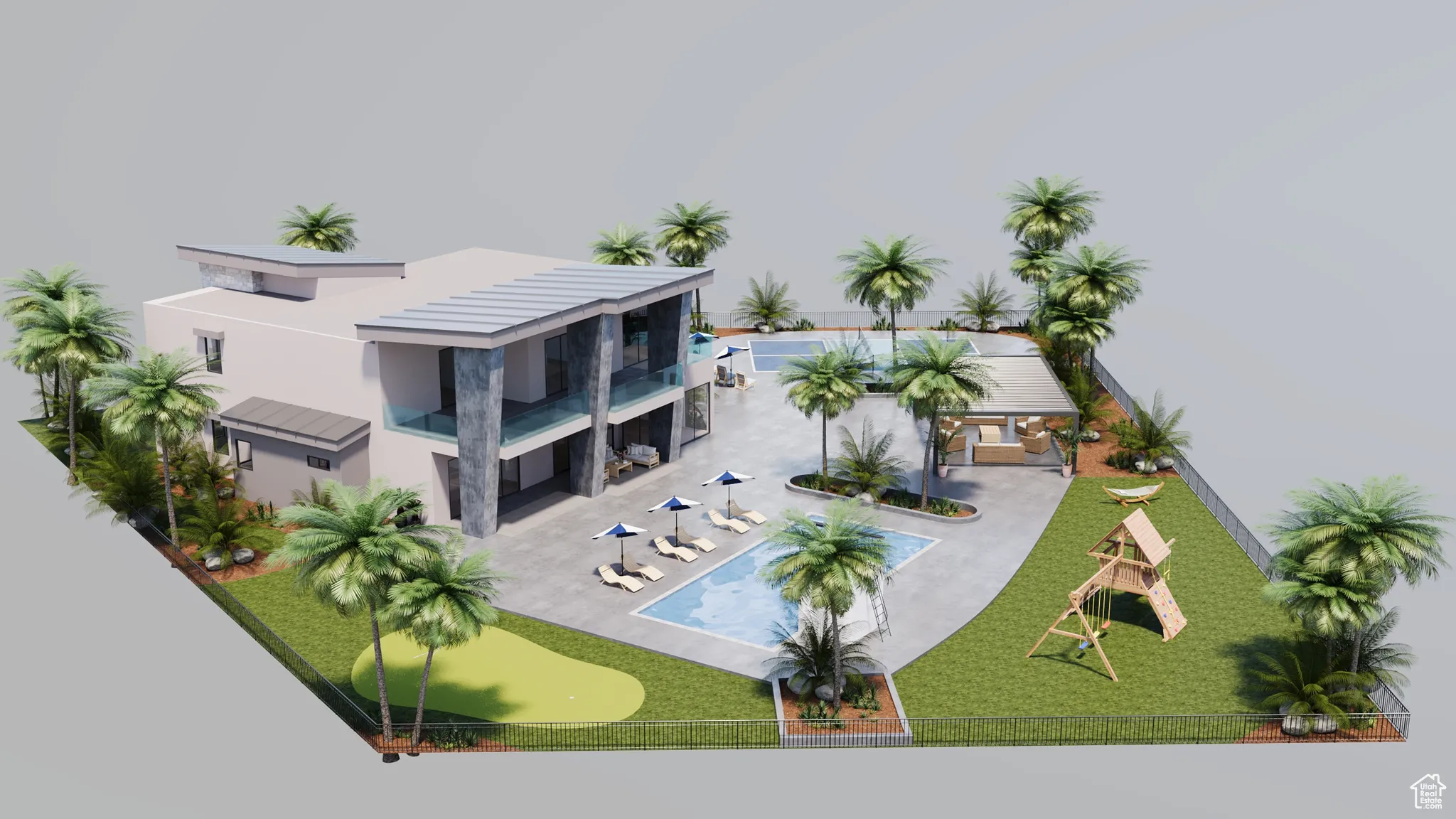 Back of property featuring a fenced backyard, a community pool, stucco siding, and a putting green