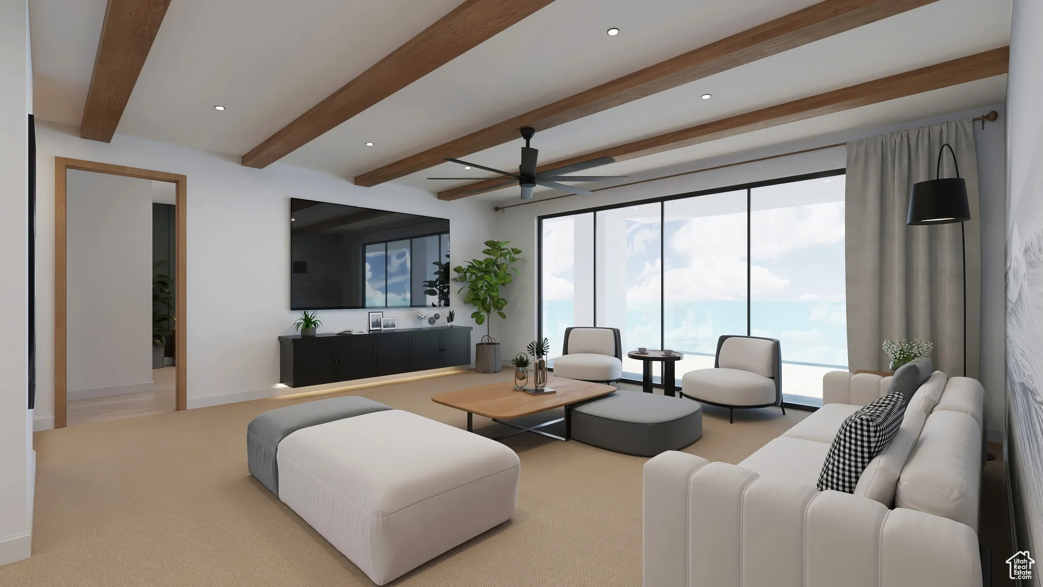 Living room featuring beam ceiling, carpet floors, a ceiling fan, and recessed lighting