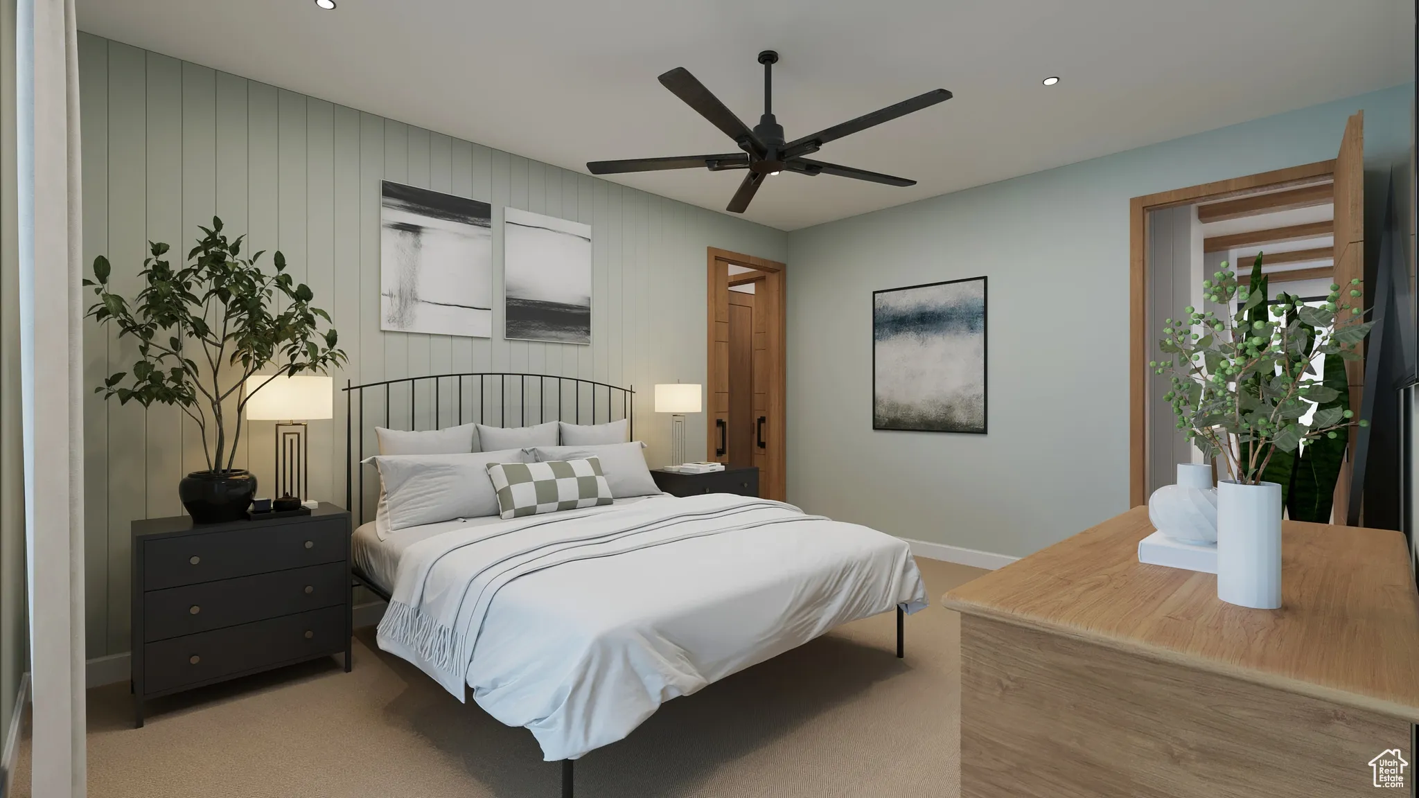 Bedroom featuring recessed lighting, carpet flooring, wood walls, and a ceiling fan