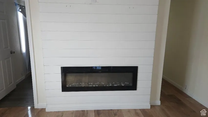 Detailed view of a glass covered fireplace and wood finished floors