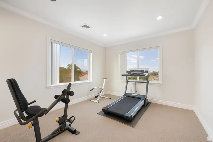 5th Bedroom (or exercise / game room ) featuring built-in bookcase, ornamental molding, access to exterior, light carpet, recessed lighting, and a ceiling fan