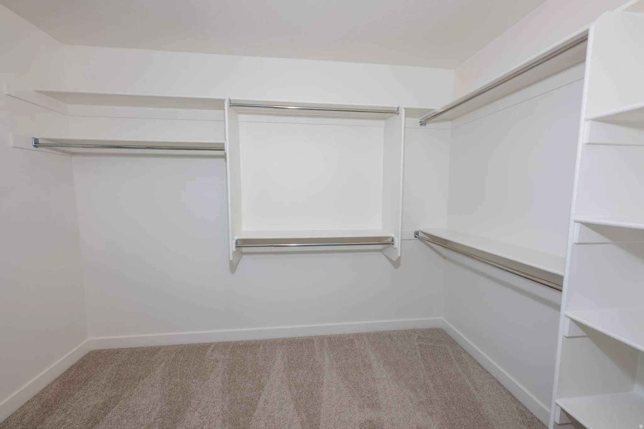 Spacious closet featuring light colored carpet