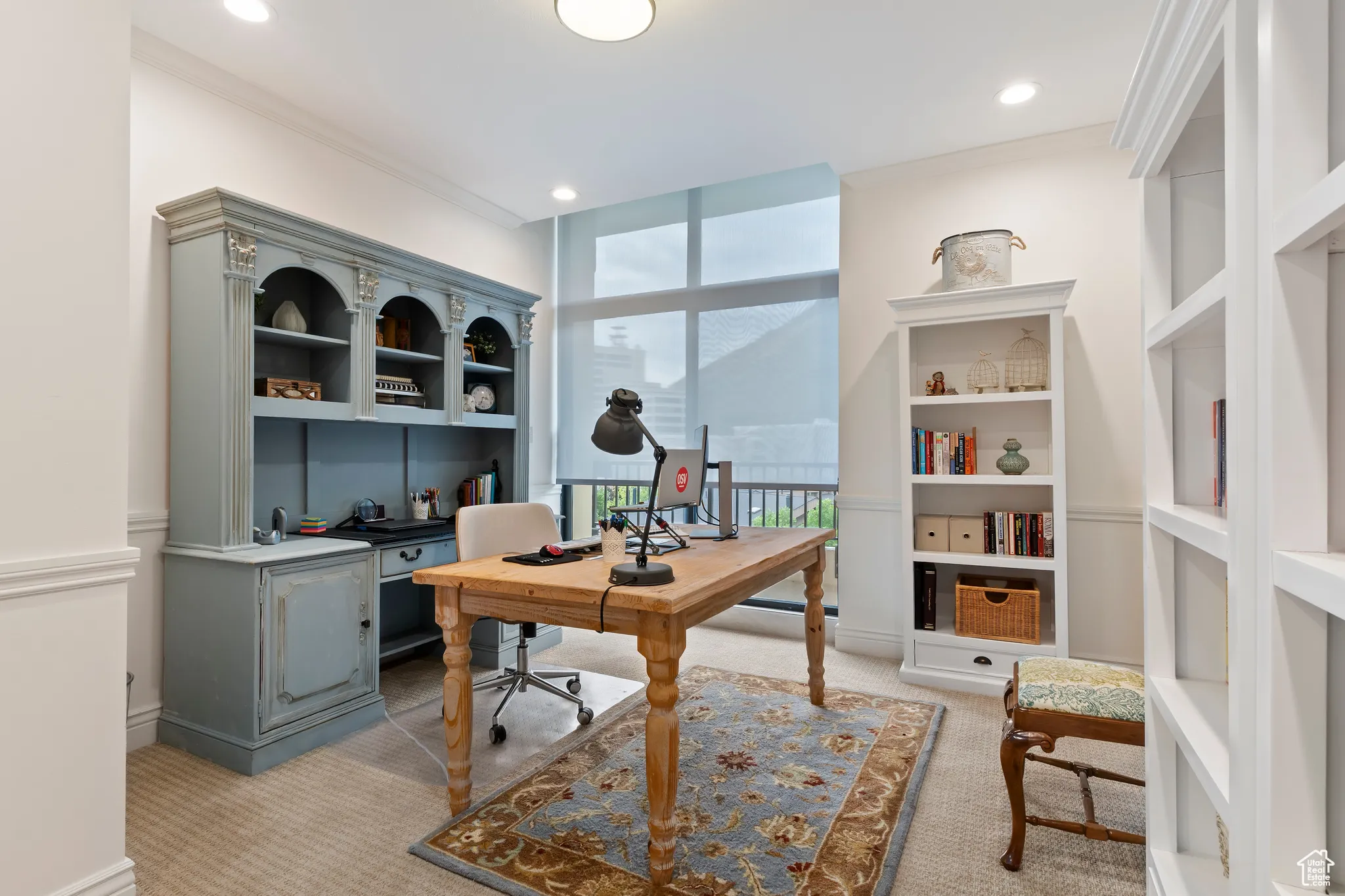 Office with light carpet, ornamental molding, and recessed lighting