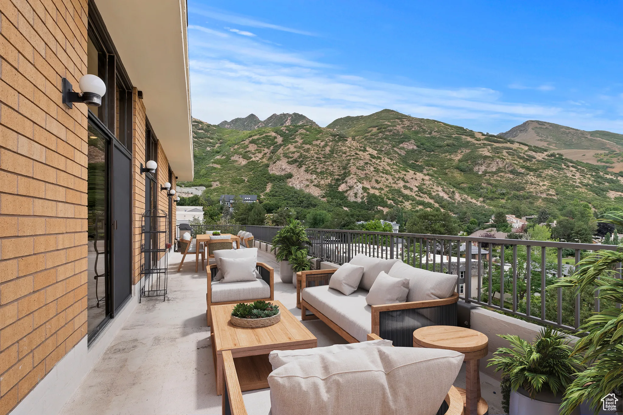 Balcony featuring an outdoor living space and a mountain view