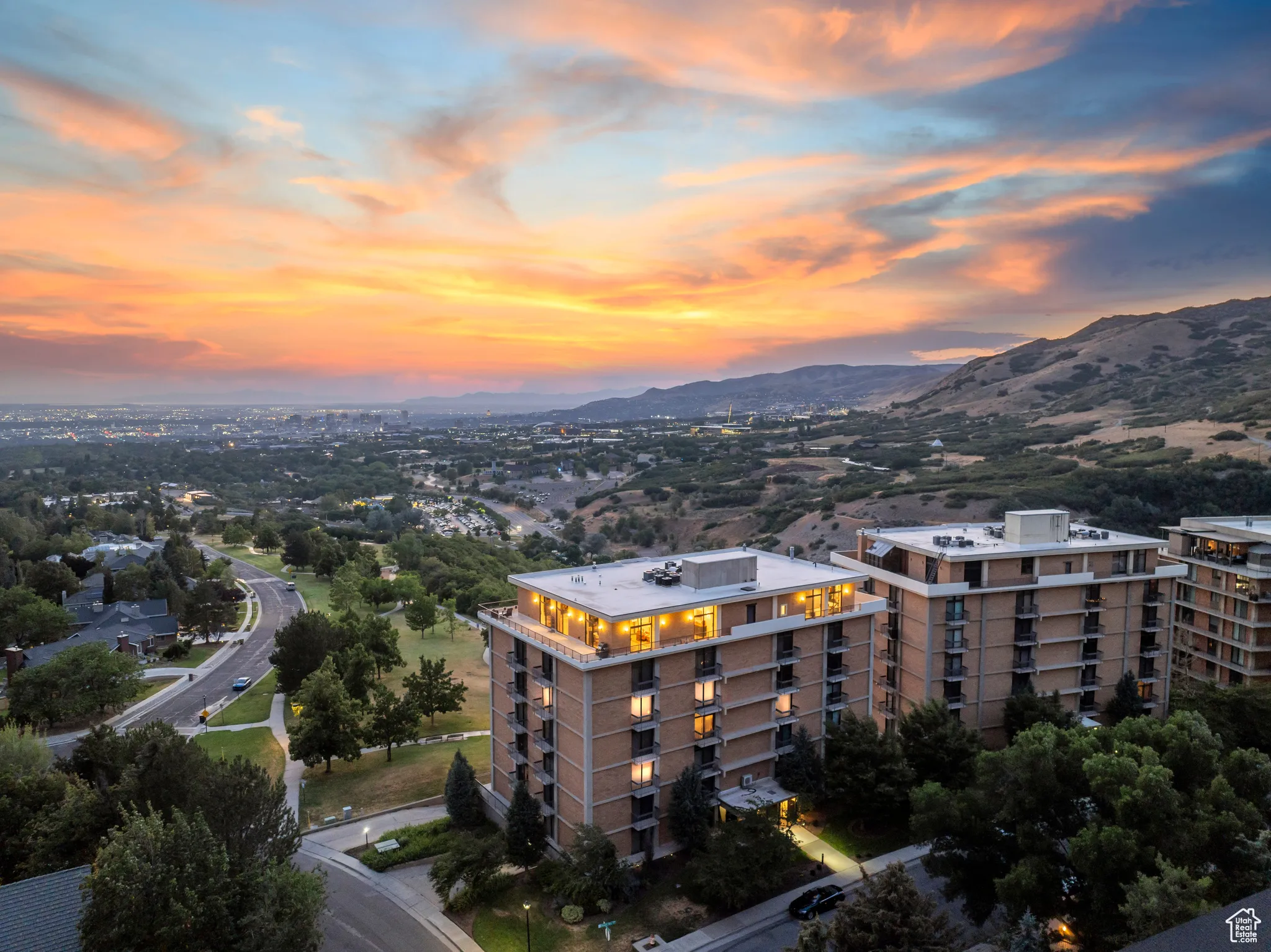 Aerial view at dusk of a mountain view
