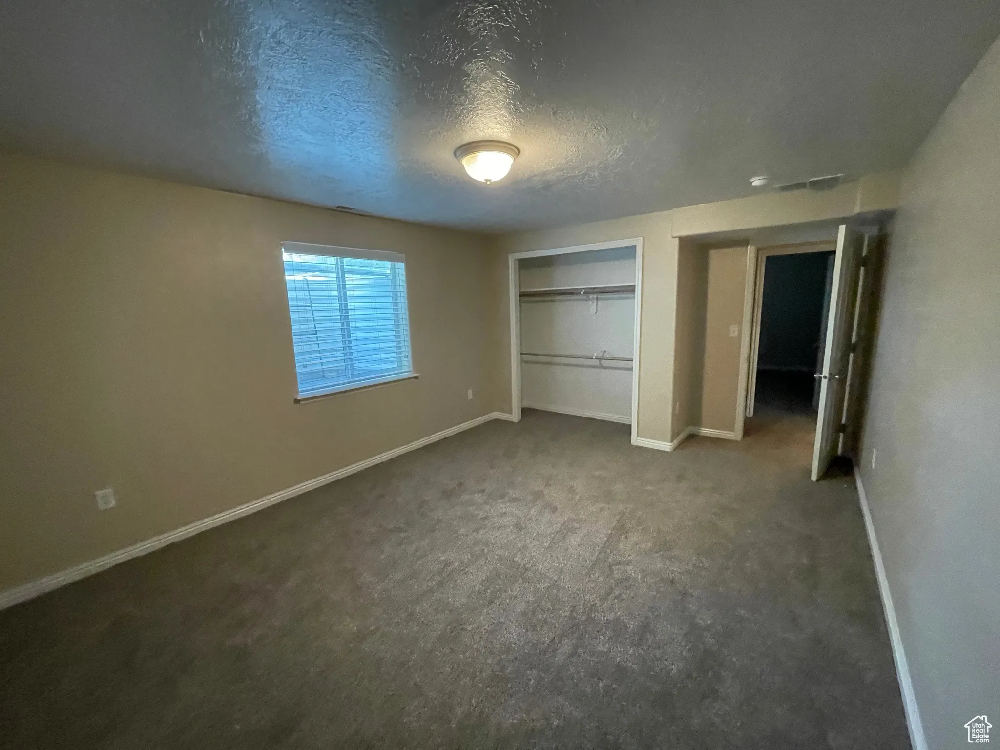 Unfurnished bedroom featuring carpet floors, a textured ceiling, and a closet