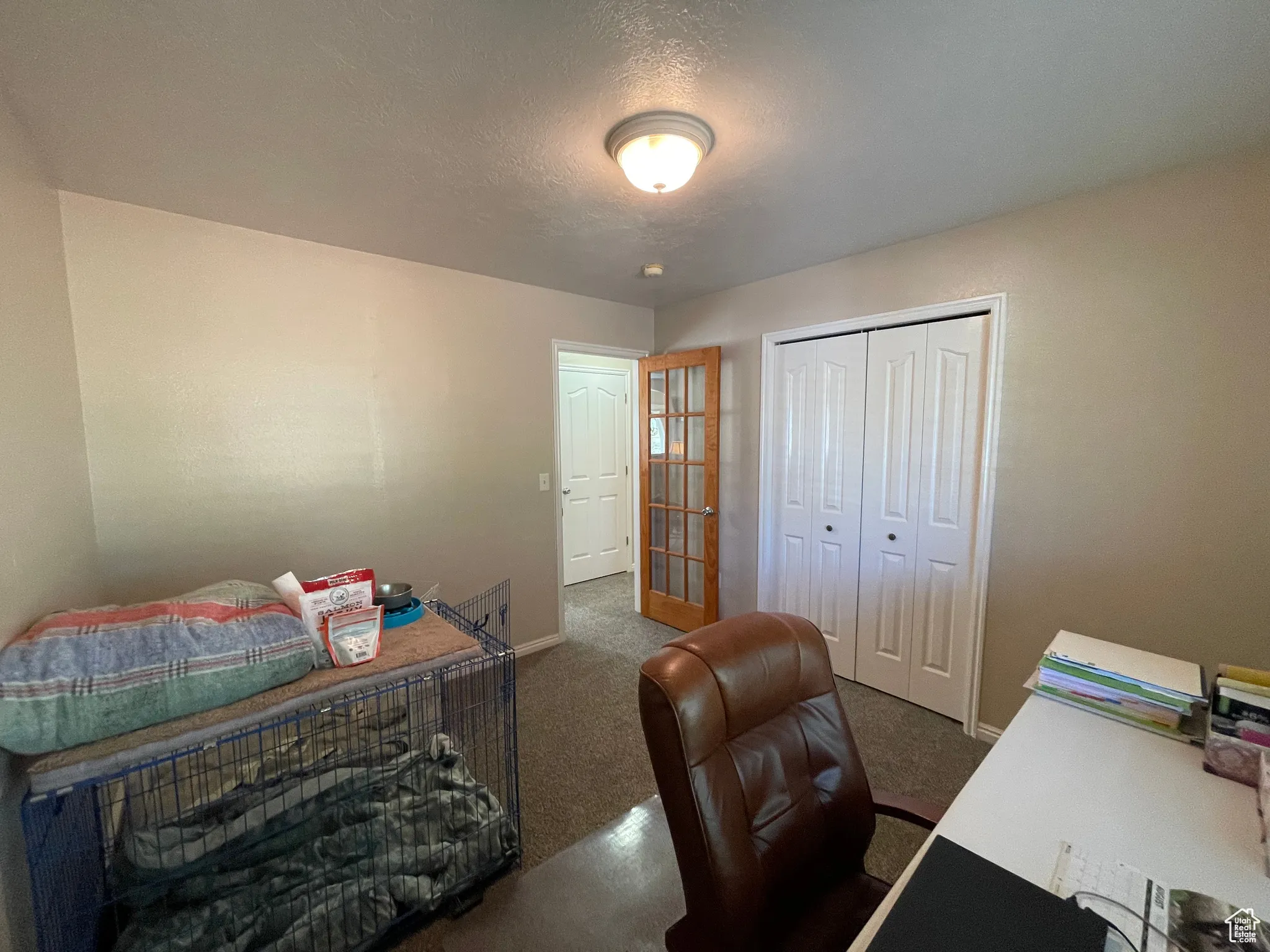 Carpeted office space featuring a textured ceiling and baseboards