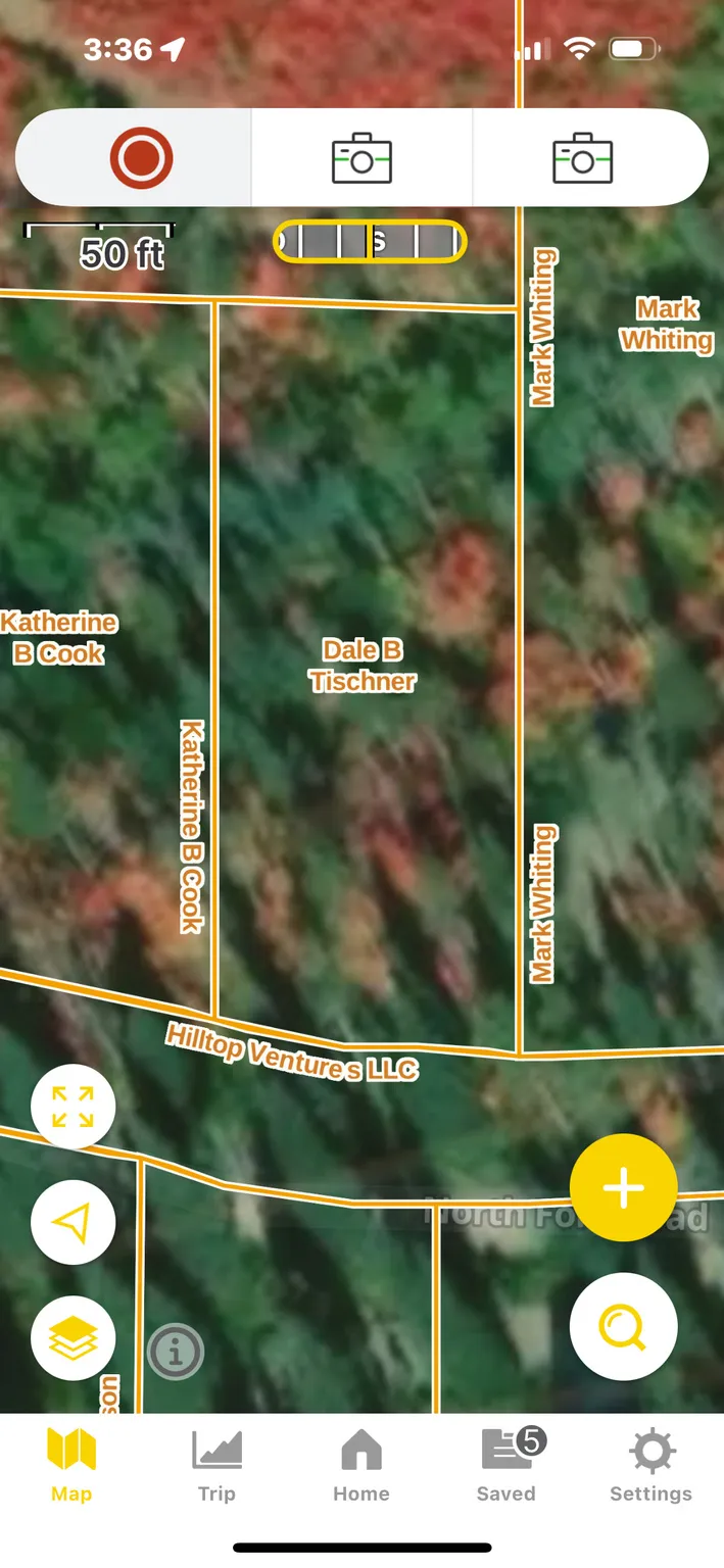 Aerial map of property and surrounding area with property boundaries highlighted