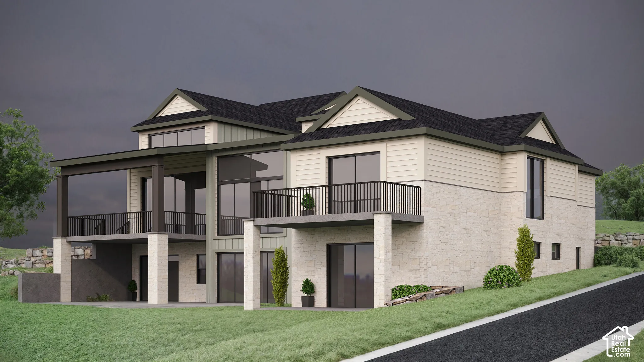 View of back of house with a front yard, a balcony, and elevator