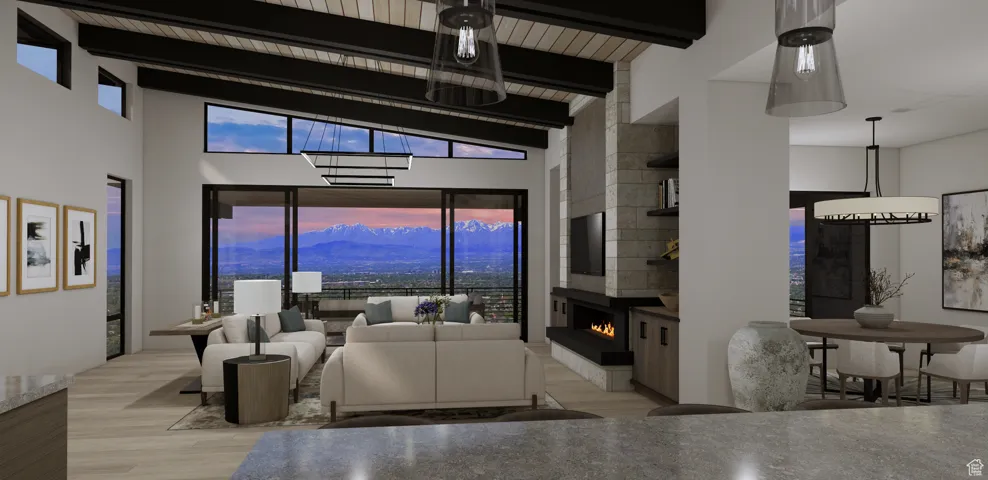 3D Render based on architectural concept of living room with valley views