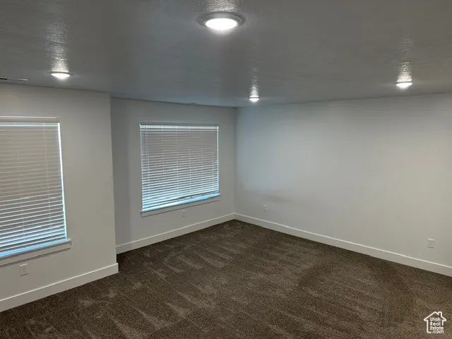 Basement with dark carpet and a textured ceiling