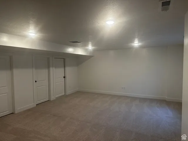 Finished below grade area with a textured ceiling and light carpet