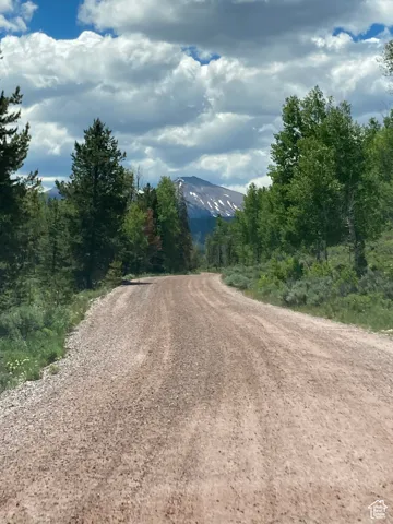 View of dirt / gravel road with a mountain view and a view of trees