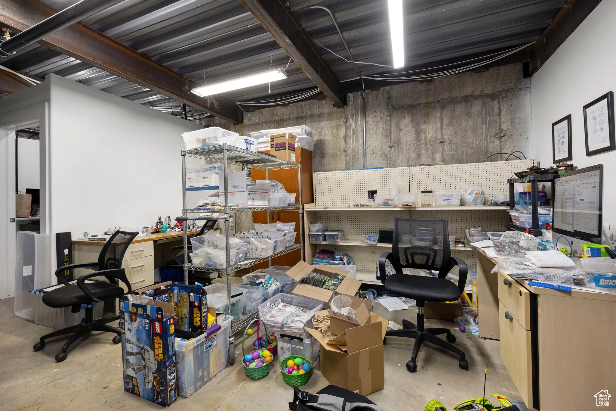 Office area with concrete floors