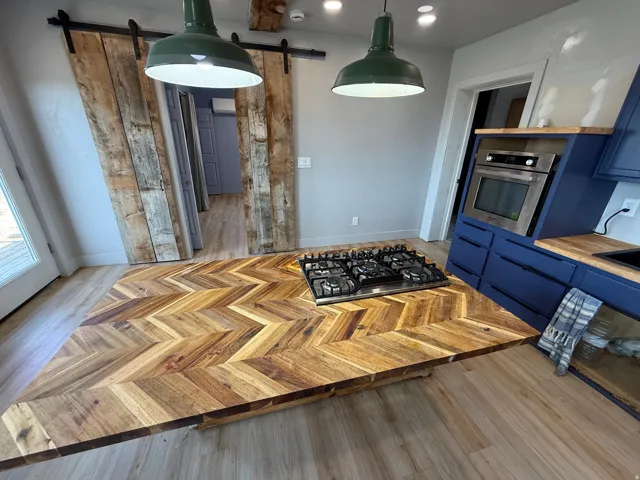 Kitchen featuring parquet flooring, blue cabinets, a barn door, stainless steel appliances, and decorative light fixtures