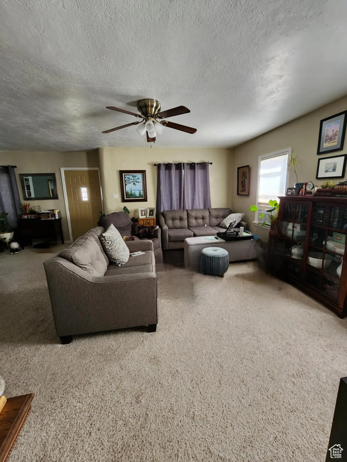 Carpeted living area with a textured ceiling and ceiling fan