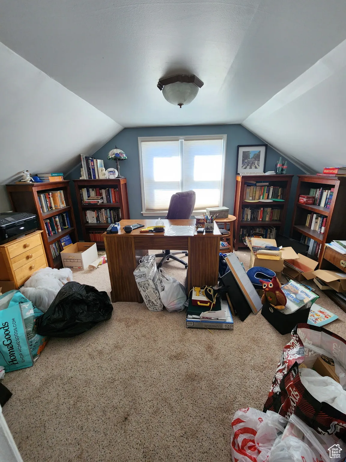 Carpeted office space with vaulted ceiling