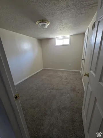 Unfurnished bedroom featuring carpet flooring and a textured ceiling