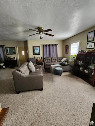 Carpeted living area with a textured ceiling and ceiling fan