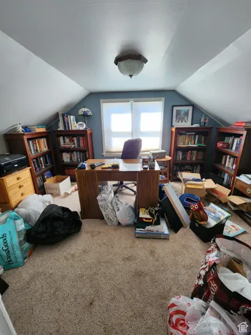 Carpeted office space with vaulted ceiling