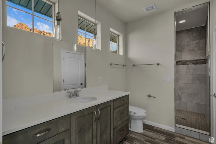 Bathroom featuring vanity, a shower stall, and dark wood finished floors
