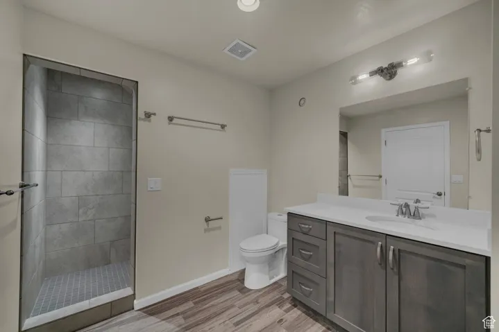 Full bathroom featuring vanity, a shower stall, and light wood-style floors