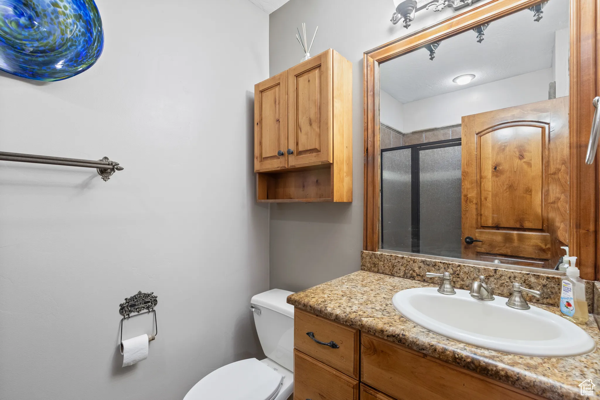 Full bathroom featuring vanity and a shower with door
