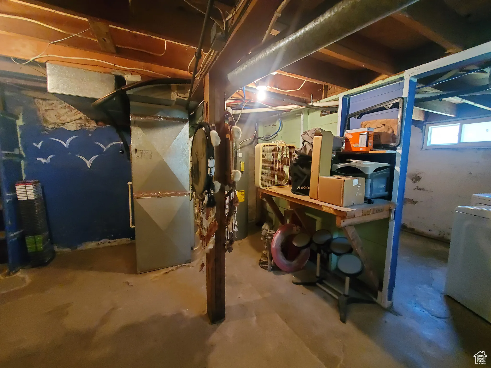 Basement with washer / dryer, heating unit, and water heater