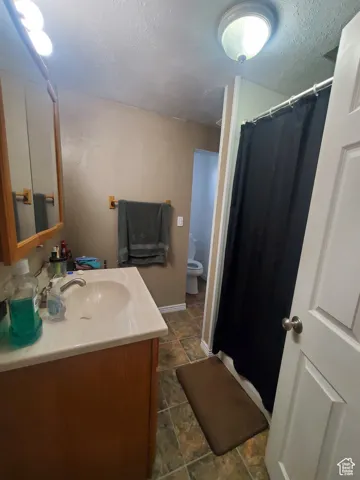 Full bath featuring vanity, a textured ceiling, and a stall shower