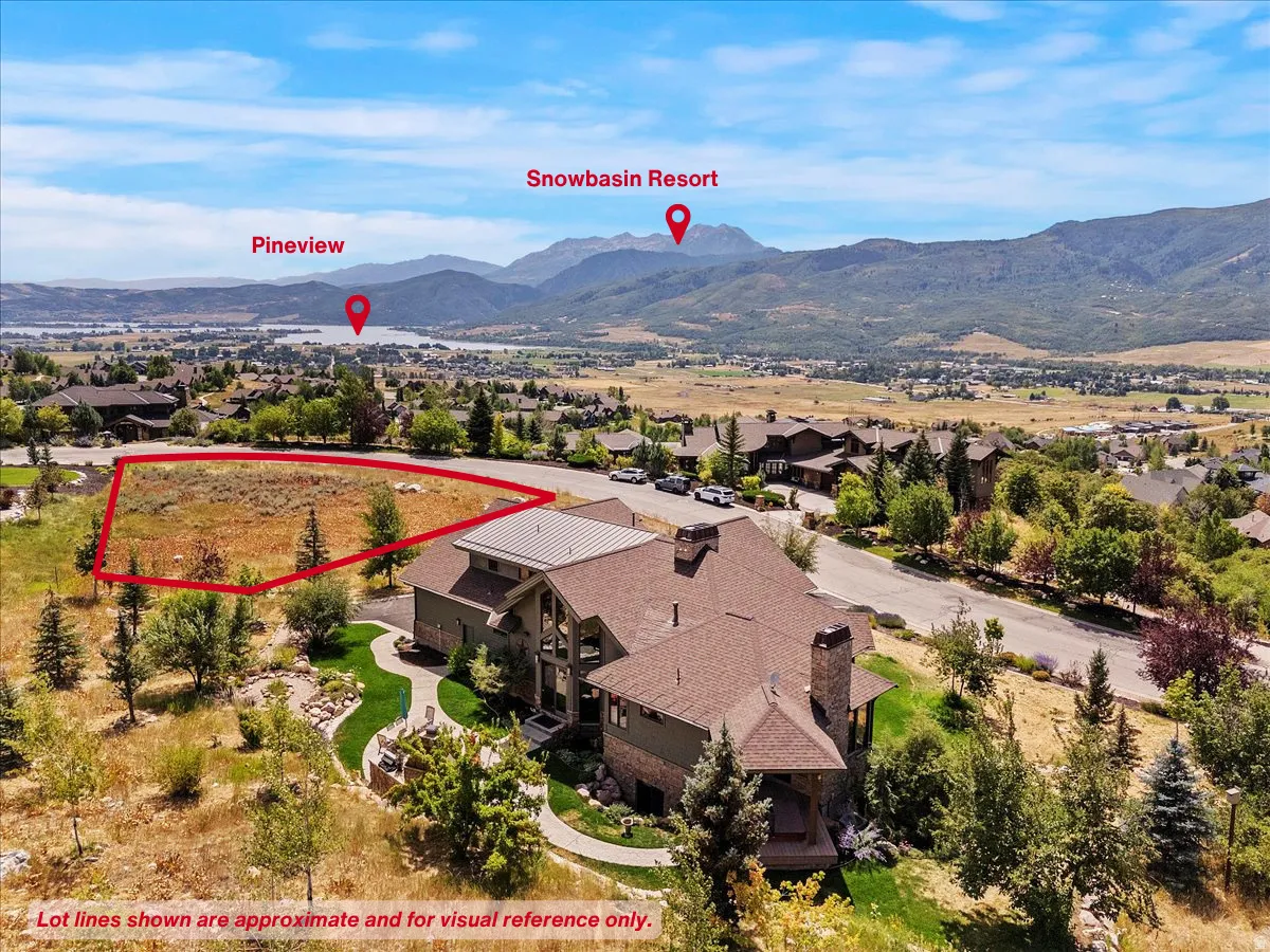 Aerial perspective of suburban area with a mountainous background and property parcel outlined