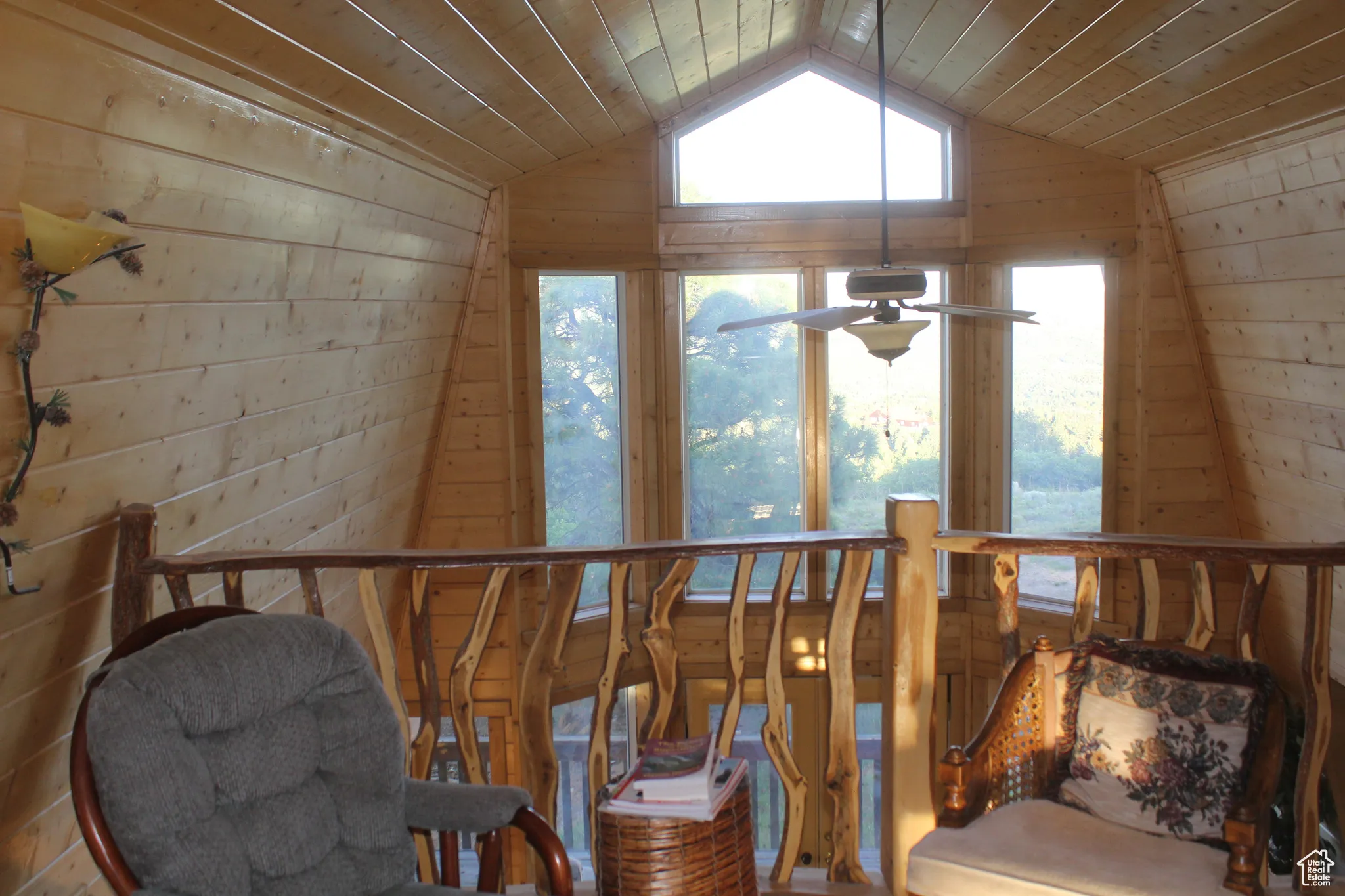 Sitting room featuring wood walls, wooden ceiling, and lofted ceiling