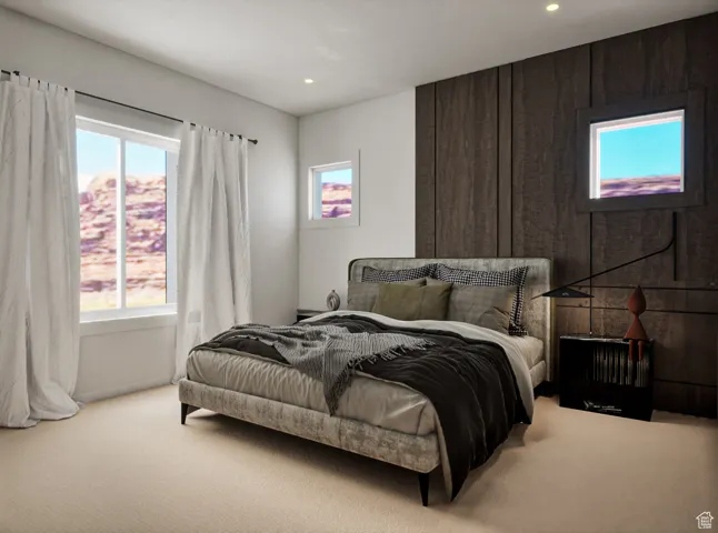 Bedroom featuring multiple windows, carpet flooring, and recessed lighting