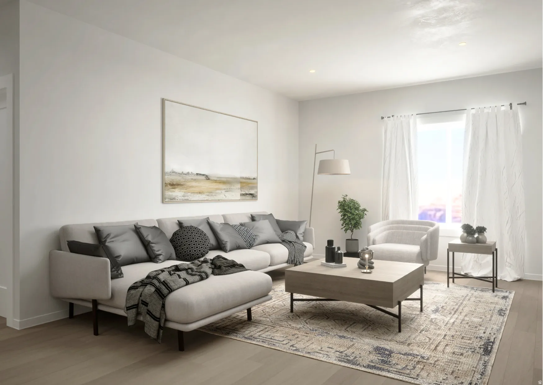 Bright living space featuring light-toned wood-finish flooring, recessed lighting, white walls, and a large window with white curtains