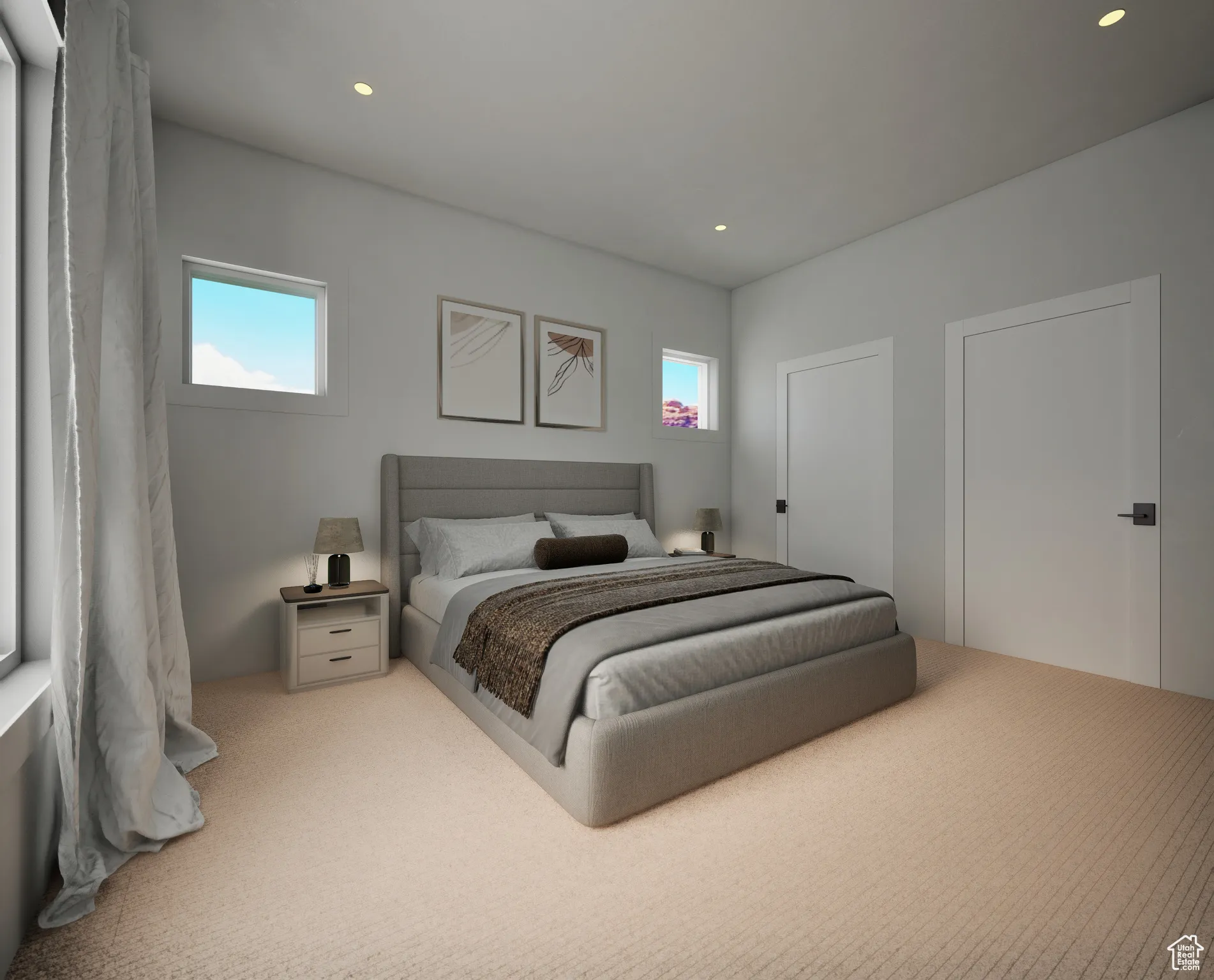 Bedroom with recessed lighting and light colored carpet
