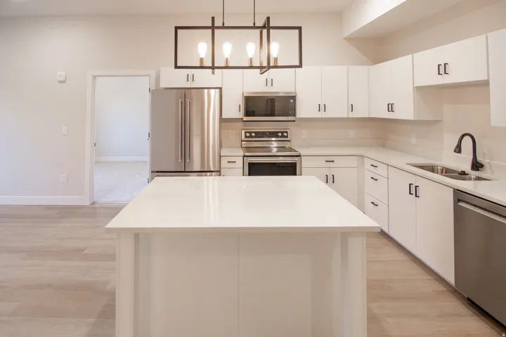 Kitchen featuring stainless steel appliances, light wood finished floors, white cabinetry, pendant lighting, and a kitchen island