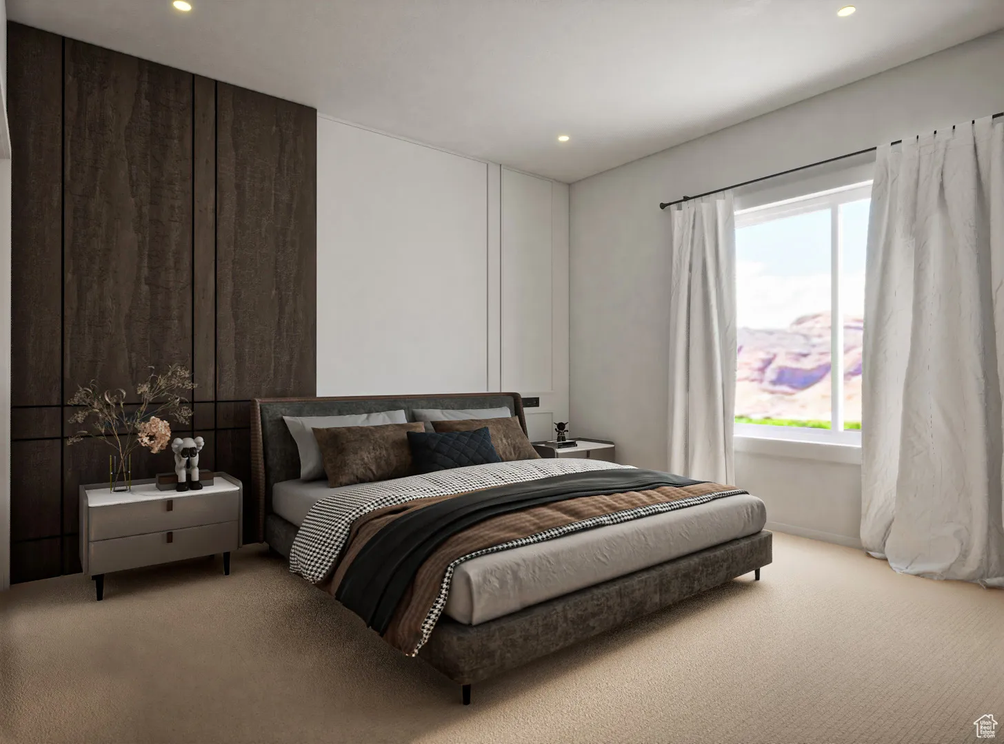Carpeted bedroom with recessed lighting
