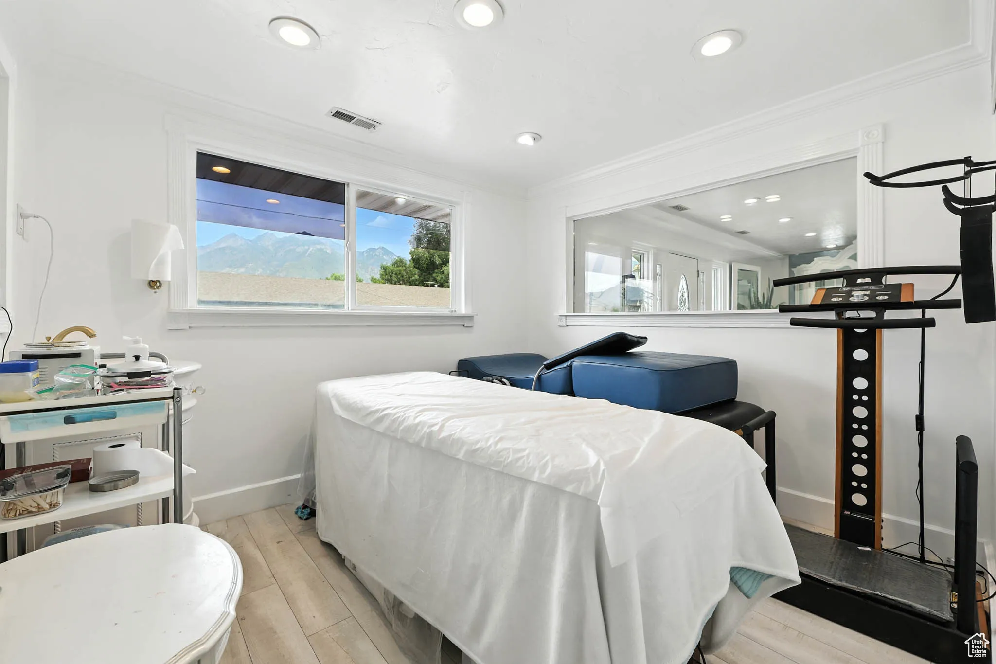 Bedroom with light wood-style flooring, crown molding, and recessed lighting