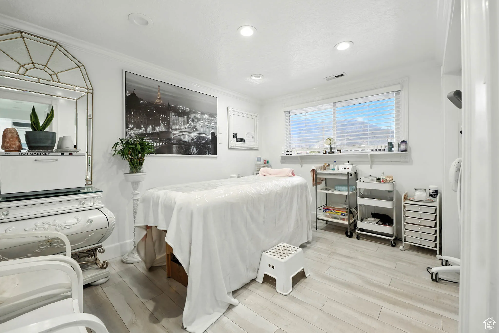 Bedroom featuring light wood finished floors, ornamental molding, and recessed lighting
