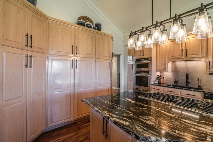 Kitchen featuring dark stone counters, dark wood-style floors, crown molding, decorative backsplash, and appliances with stainless steel finishes
