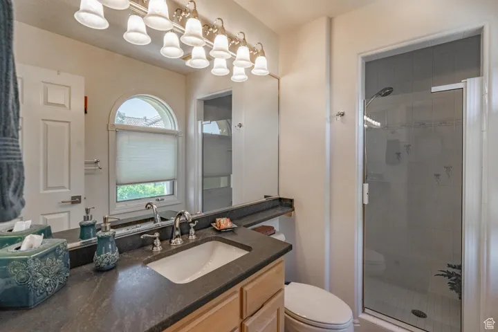 Bathroom featuring vanity and a stall shower