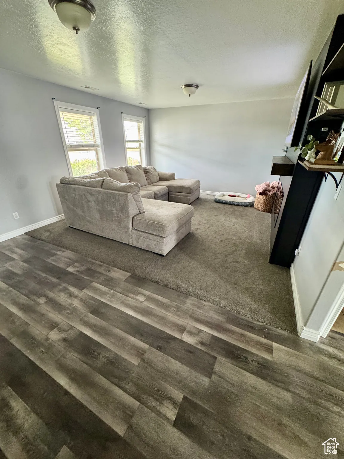 Living area featuring a textured ceiling and dark wood-style flooring